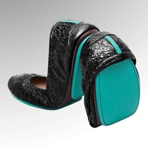 Tieks Shiny Black Ballet Flats with Teal Accents